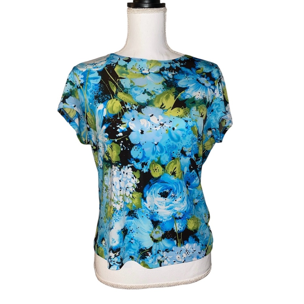 Dressbarn Top Vintage USA Made Floral Y2K Embellished Rhinestone Medium Shirt